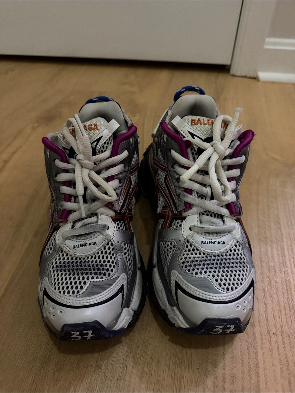 Balenciaga White Sneakers with Silver, Pink, Blue & Orange Accents - Picture 2 of 3